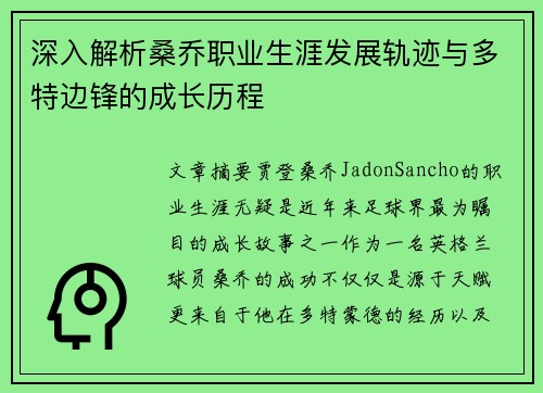 深入解析桑乔职业生涯发展轨迹与多特边锋的成长历程 深入解析桑乔职业生涯发展轨迹与多特边锋的成长历程